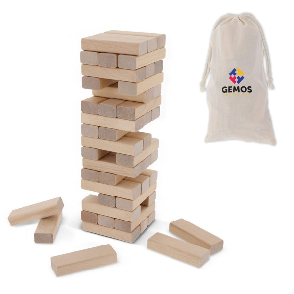 Houten toren spel in katoenen etui