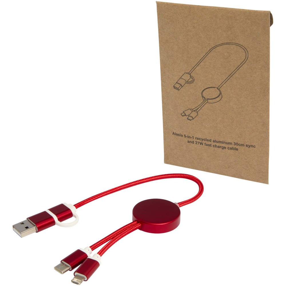 Alasia 5-in-1 30 cm datasynchronisatie- en 27 W snellaadkabel van gerecycled aluminium en plastic - rood