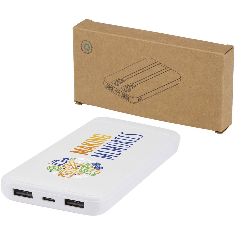 Adhil powerbank van 10.000 mAh 10 W van gerecycled plastic met 2 ingebouwde kabels