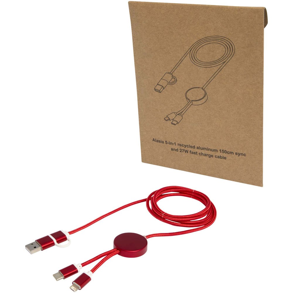 Alasia 5-in-1 150 cm datasynchronisatie- en 27 W snellaadkabel van gerecycled aluminium en plastic - rood