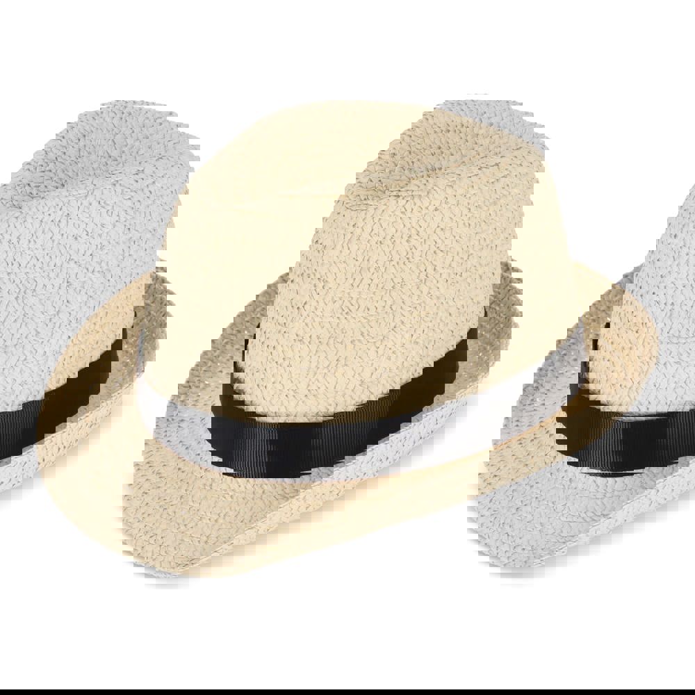 Plant straw hat with coloured band - Black