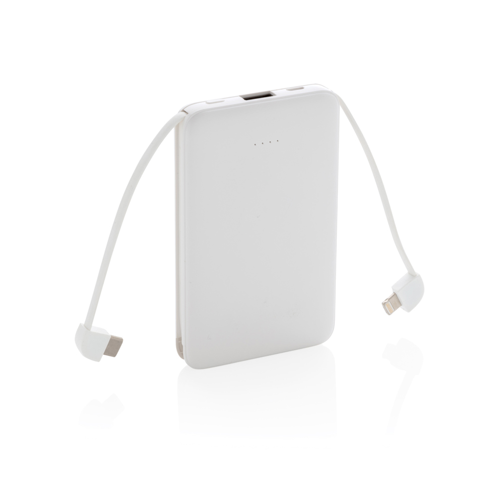 5.000 mAh Pocket Powerbank with integrated cables - white (± PMS White)