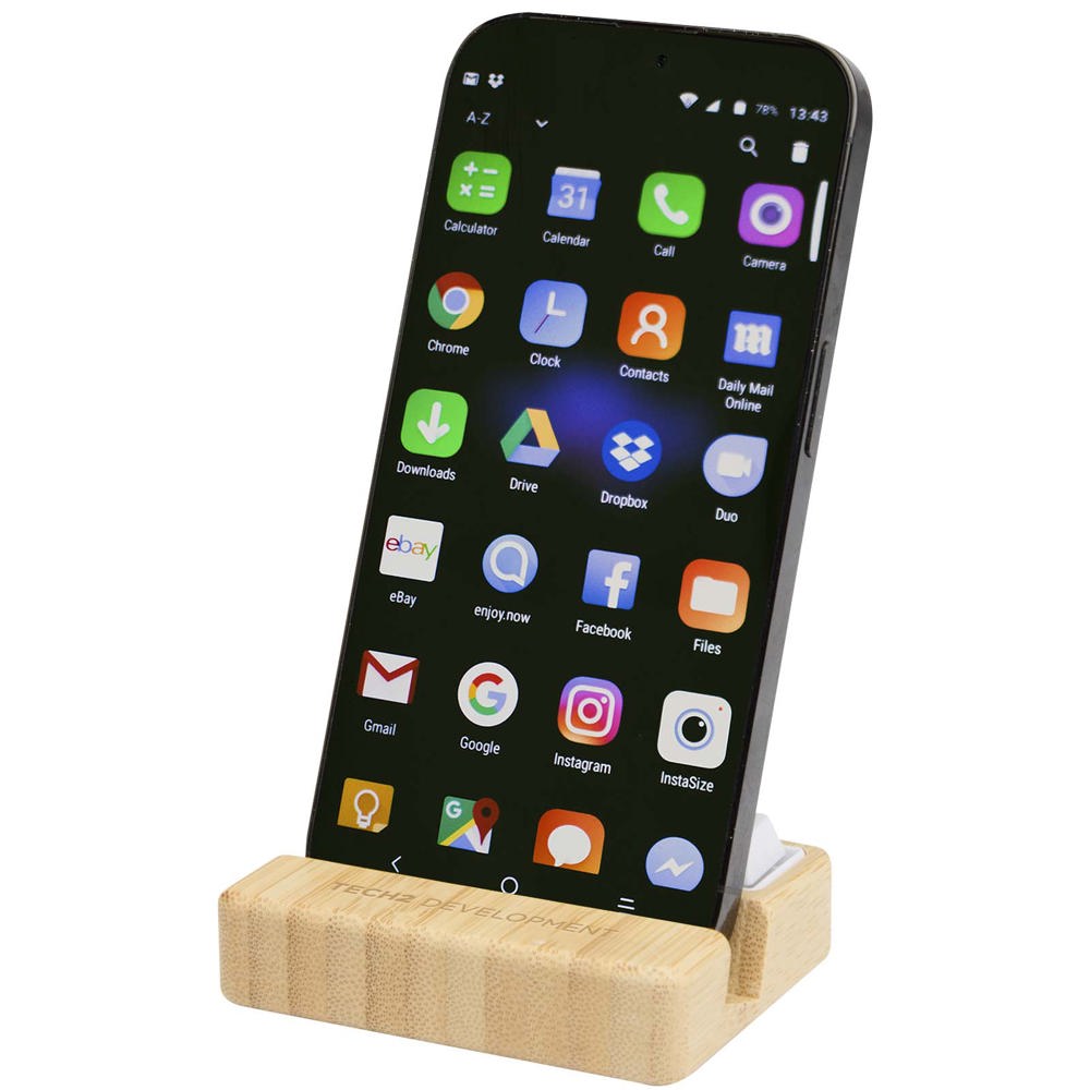Algol telefoonstandaard en fidgetspeeltje van gerecycled plastic met bamboedetails