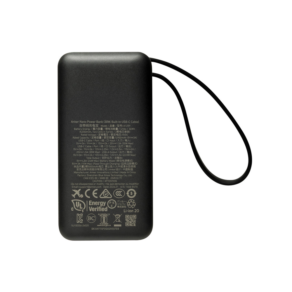 Anker Nano Powerbank 30 W, met ingebouwde USB-C-kabel