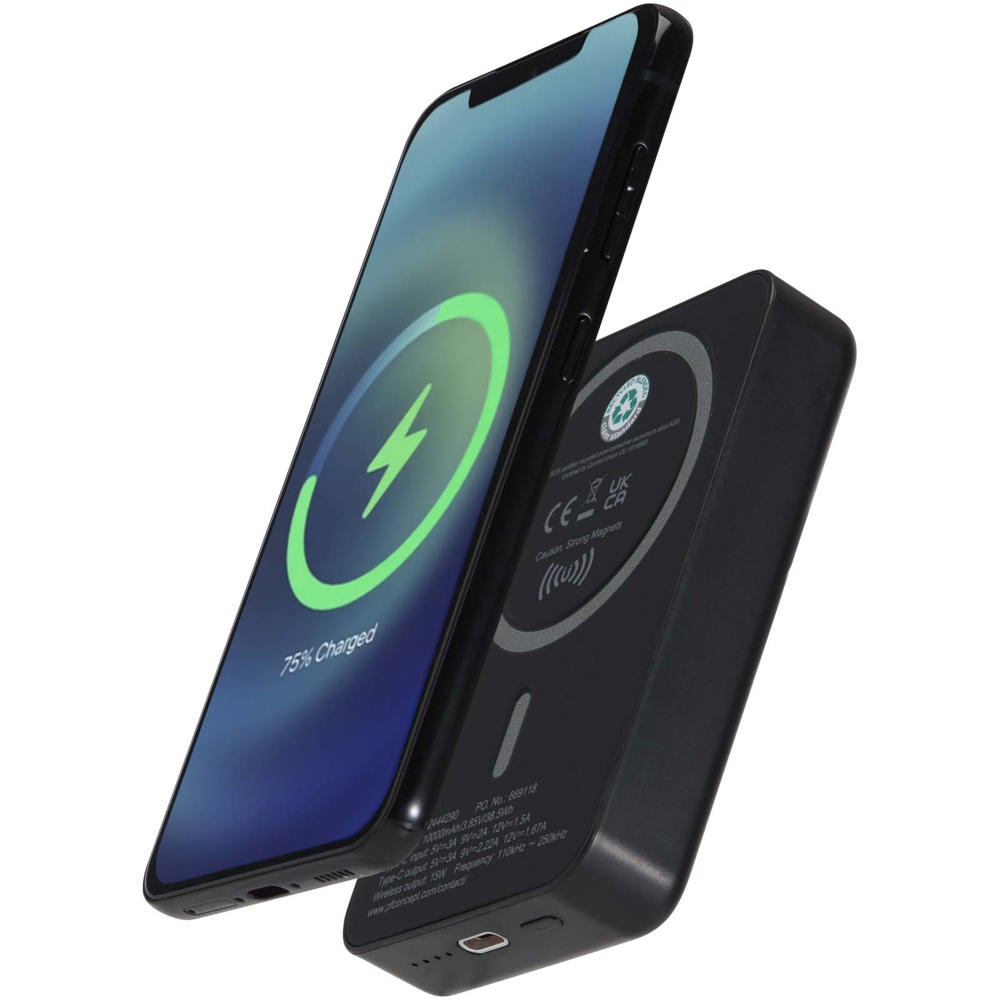 Acrab magnetische draadloze powerbank van 10.000 mAh 15 W met 20 W PD van gerecycled plastic - Zwart