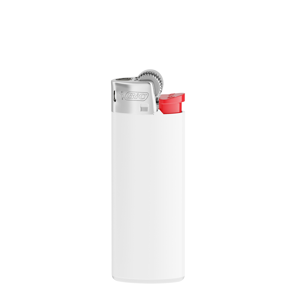 BIC® J25 Standard Lighter - Opaque White Body / White Base / Red Fork / Chrome Hood