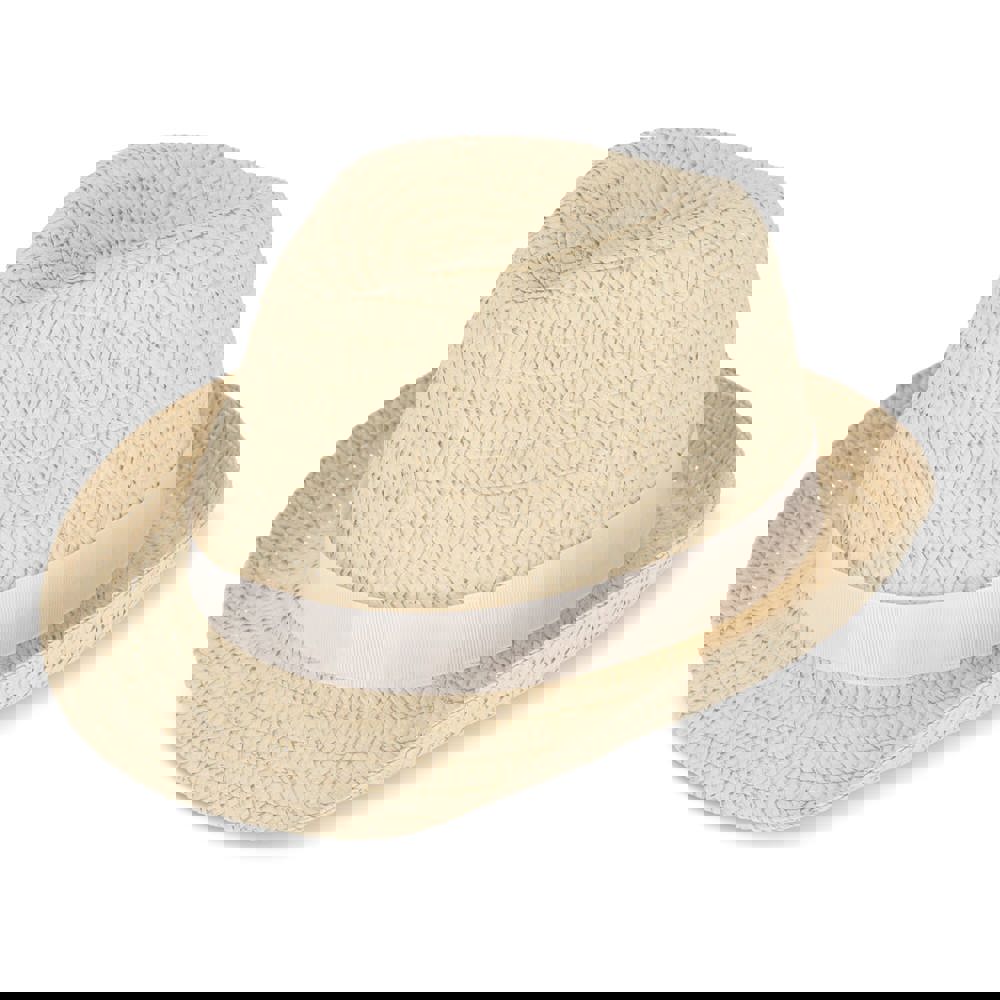 Plant straw hat with coloured band - White